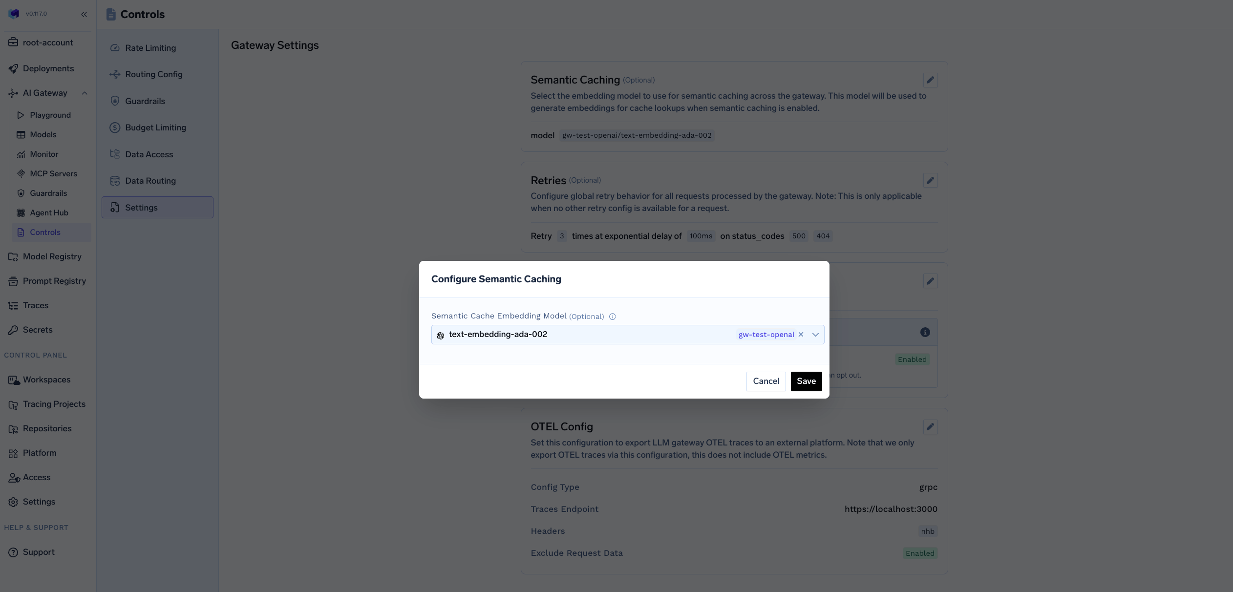 Semantic Cache Embedding Model Settings