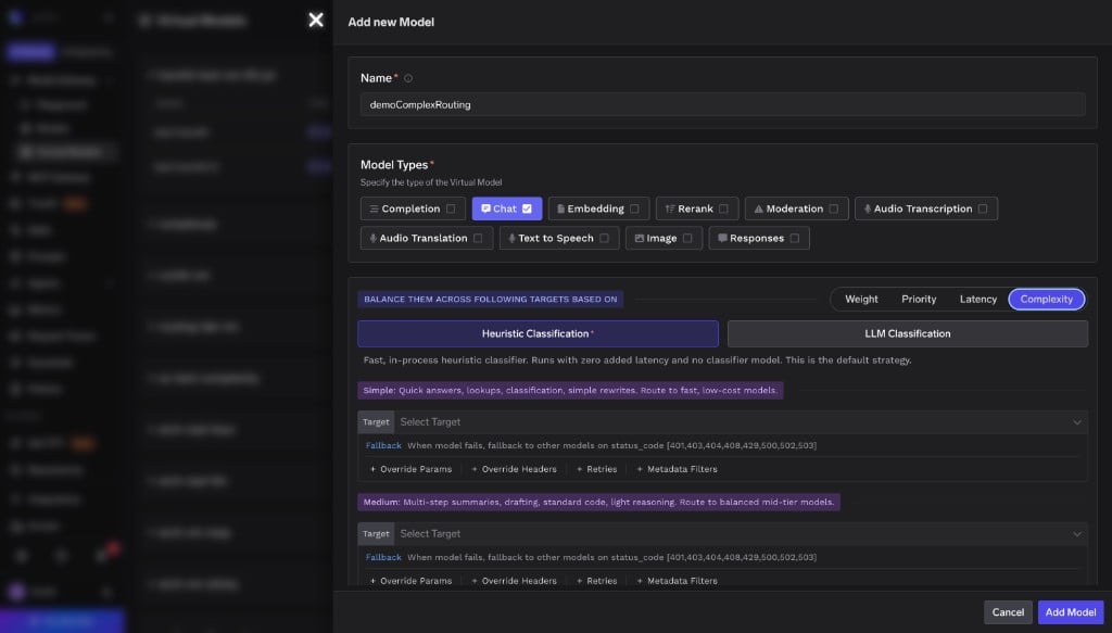 Add new Model form showing Name, Model Types with Chat selected, and Complexity chosen as the routing type
