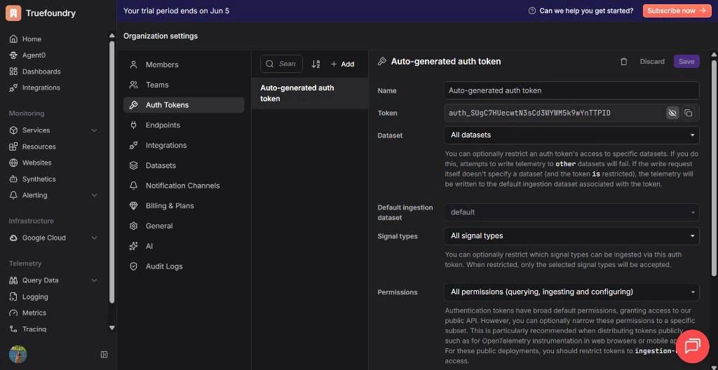 Dash0 Organization Settings showing Auth Tokens section with a token created for TrueFoundry