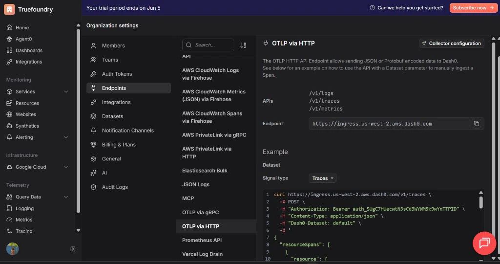 Dash0 Organization Settings showing the OTLP via HTTP endpoint URL