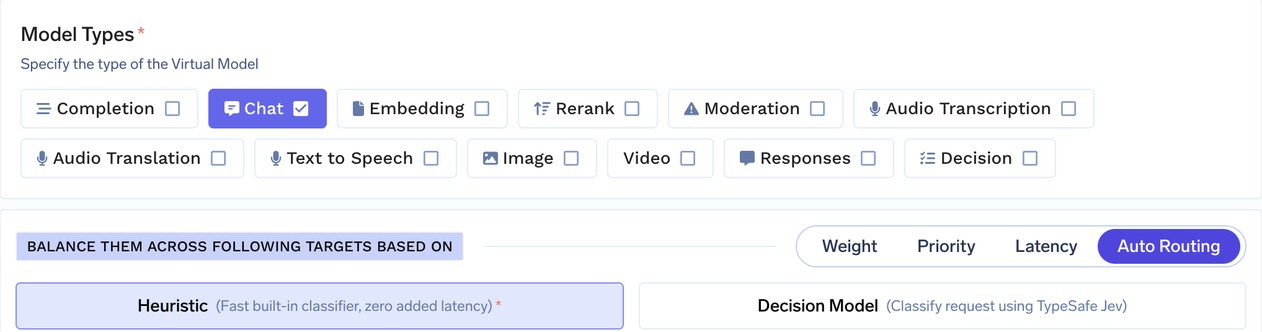 Model Types with Chat selected, the Auto Routing tab selected, and the Heuristic and Decision Model strategies