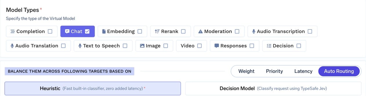 Model Types with Chat selected, the Auto Routing tab selected, and the Heuristic and Decision Model strategies