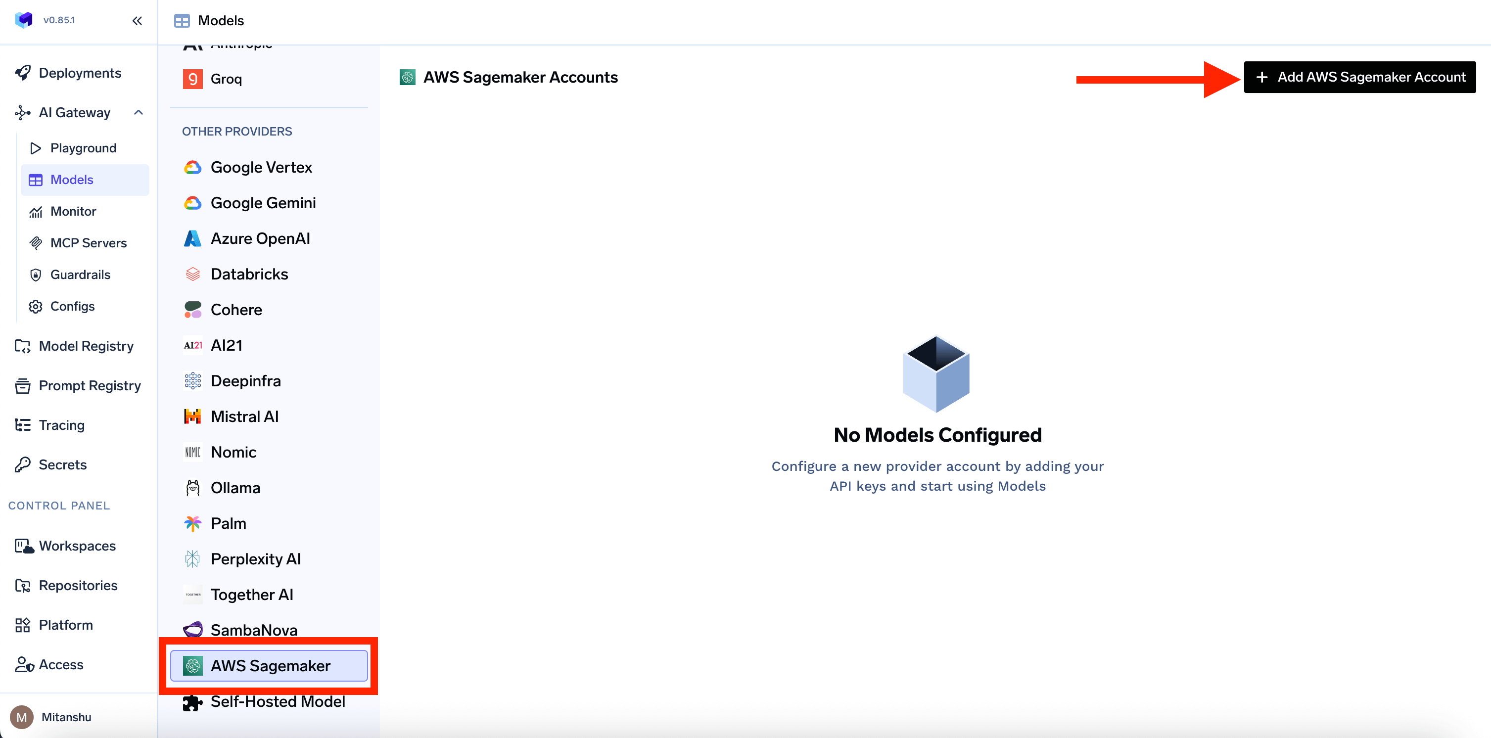 Navigating to AWS Sagemaker Provider Account in AI Gateway