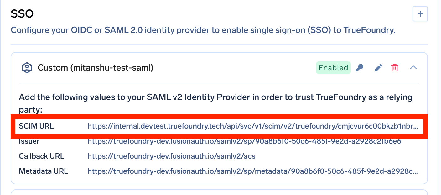 SCIM URL displayed in SSO configuration