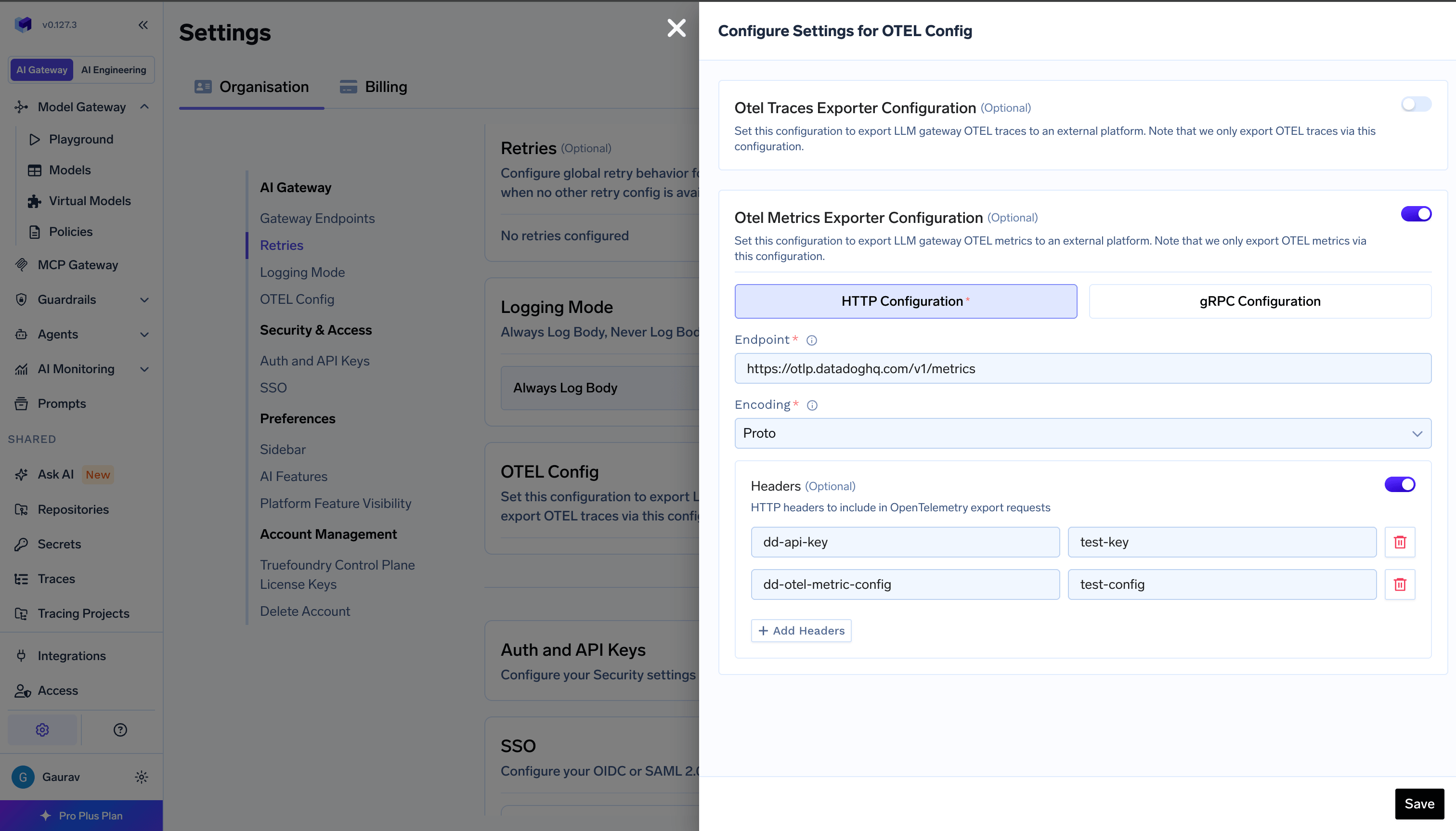 OpenTelemetry Config form for exporting metrics to an OTEL platform