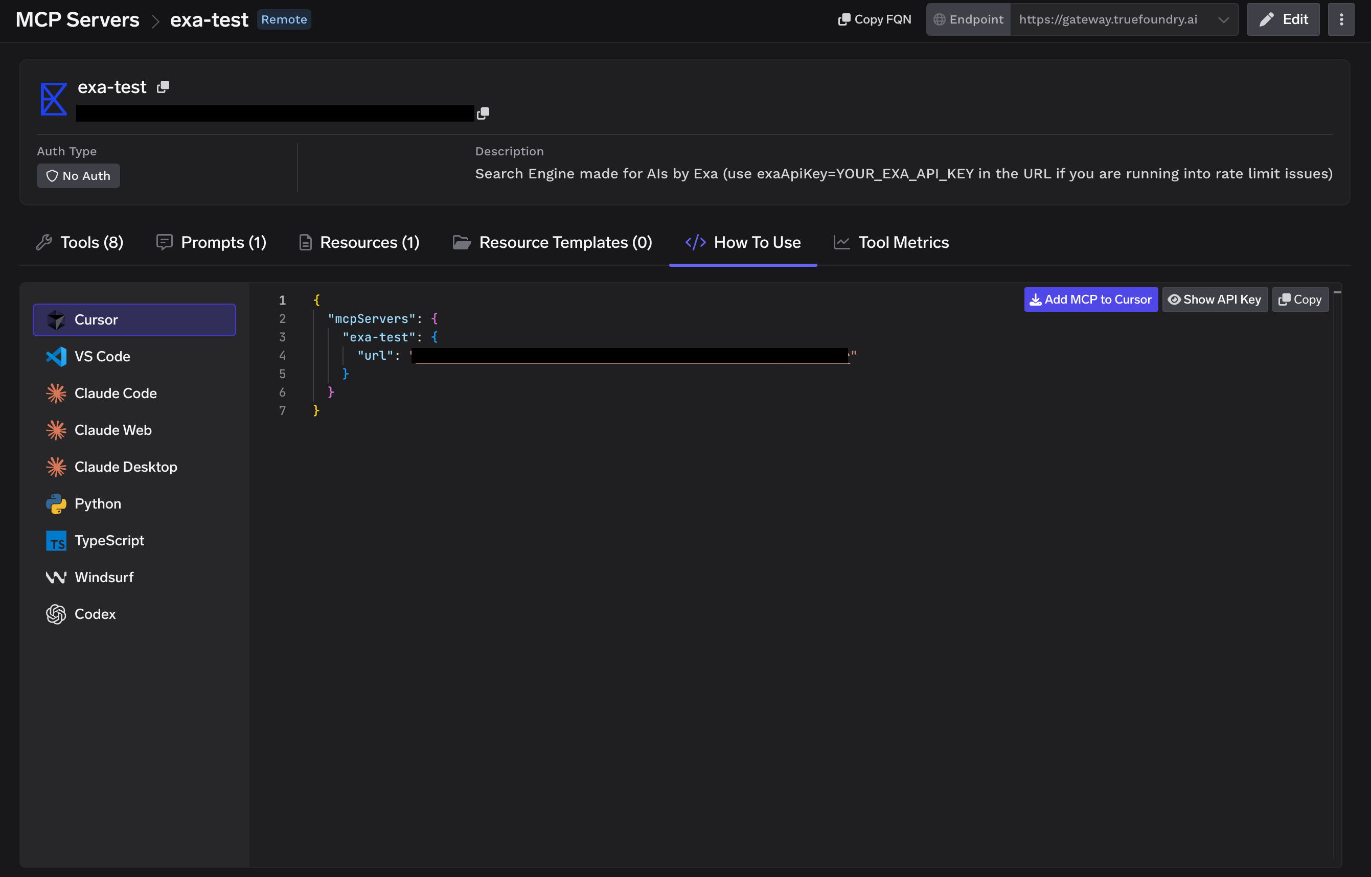 Exa How To Use tab showing connection commands for multiple MCP clients