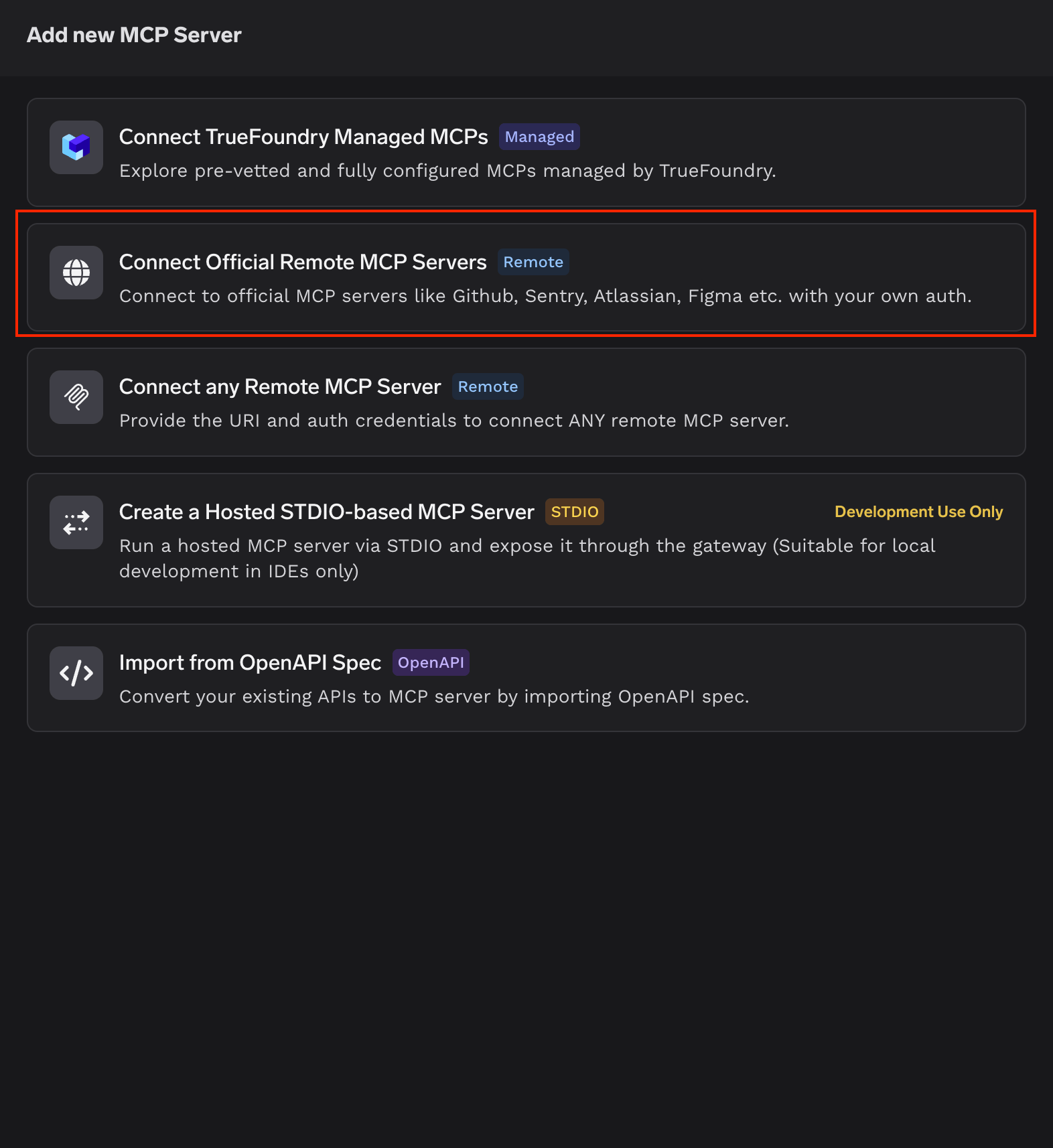 Add new MCP Server picker with the Connect Official Remote MCP Servers option highlighted