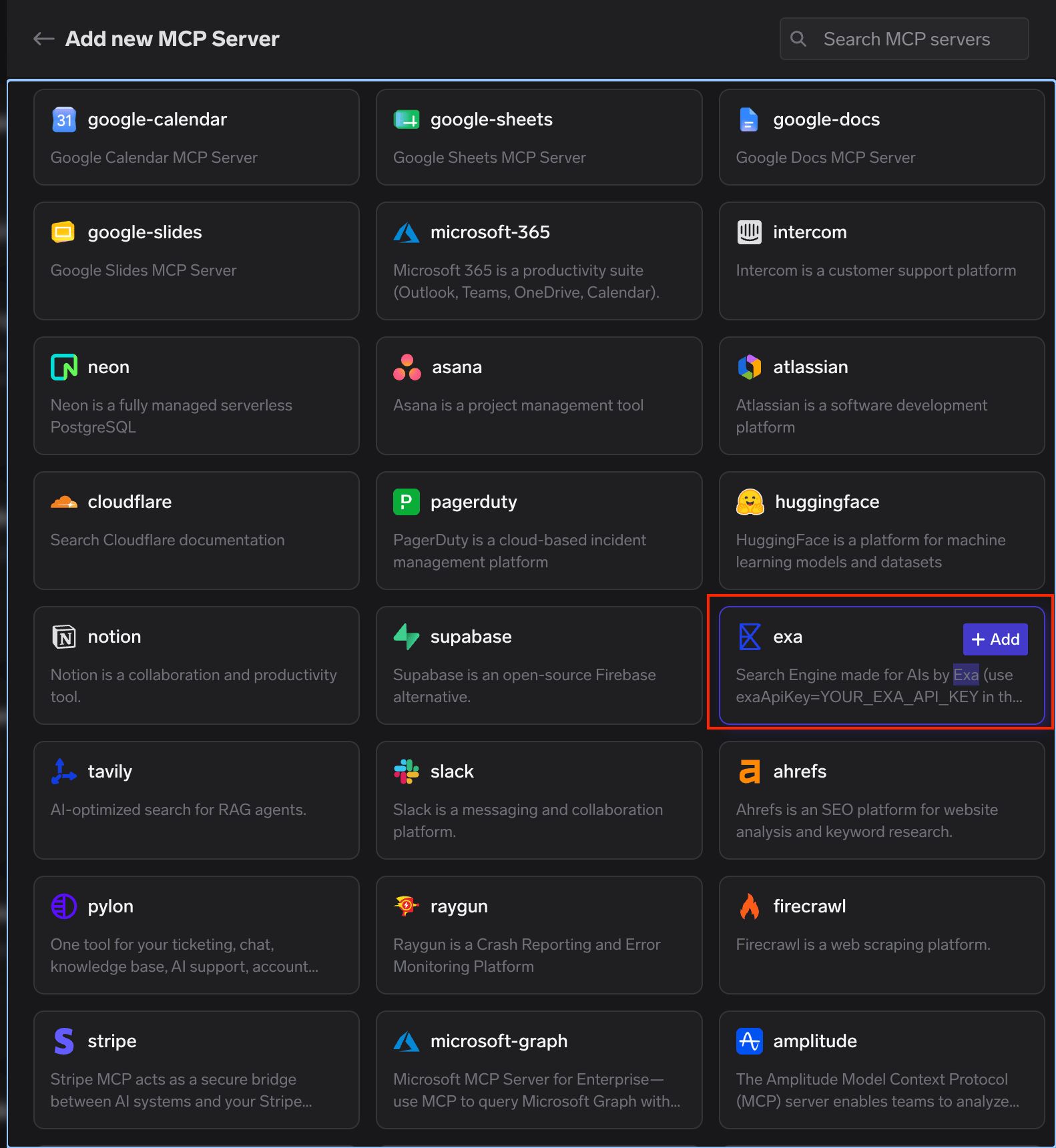 Official remote MCP server catalog with the exa card and its Add button highlighted