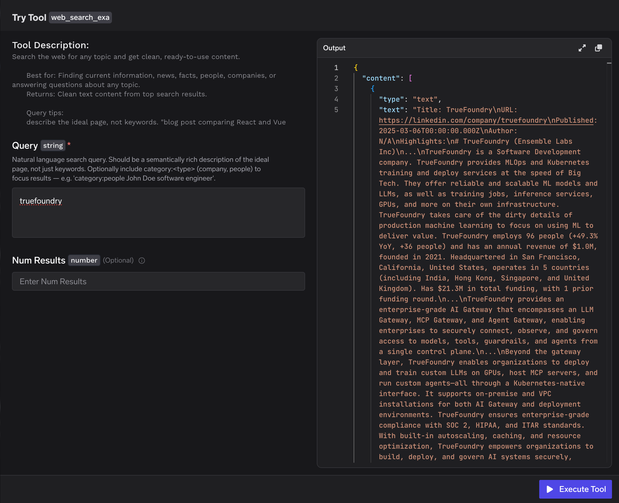Exa tool playground showing tool inputs and the JSON output panel