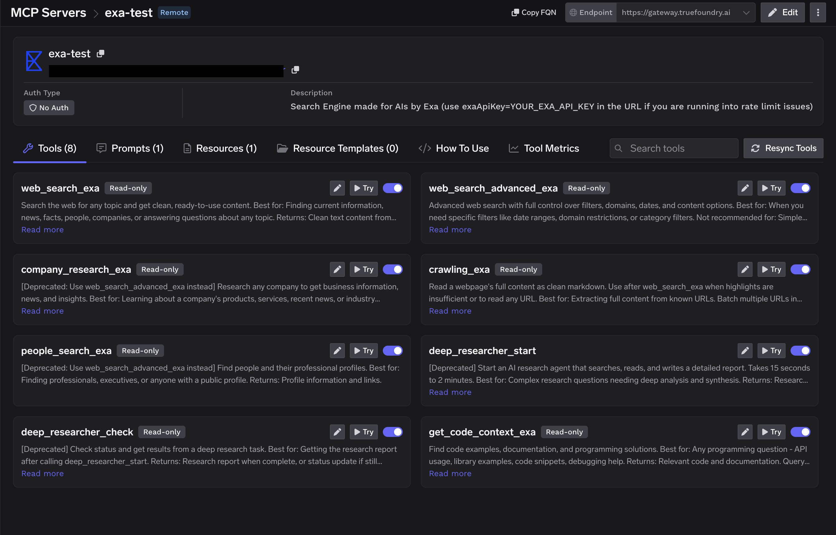 Exa Tools tab showing No Auth and tools such as web_search_exa, web_search_advanced_exa, company_research_exa, crawling_exa, people_search_exa, and get_code_context_exa