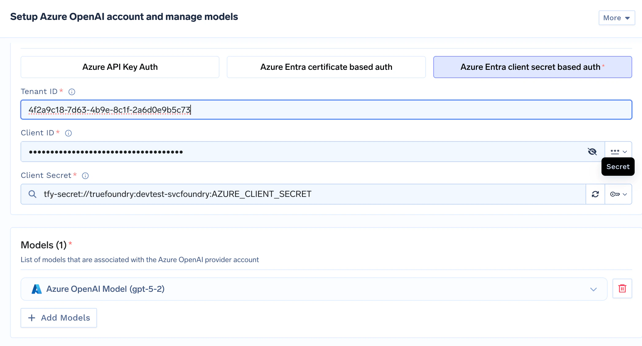 TrueFoundry Azure OpenAI account form with client secret authentication fields