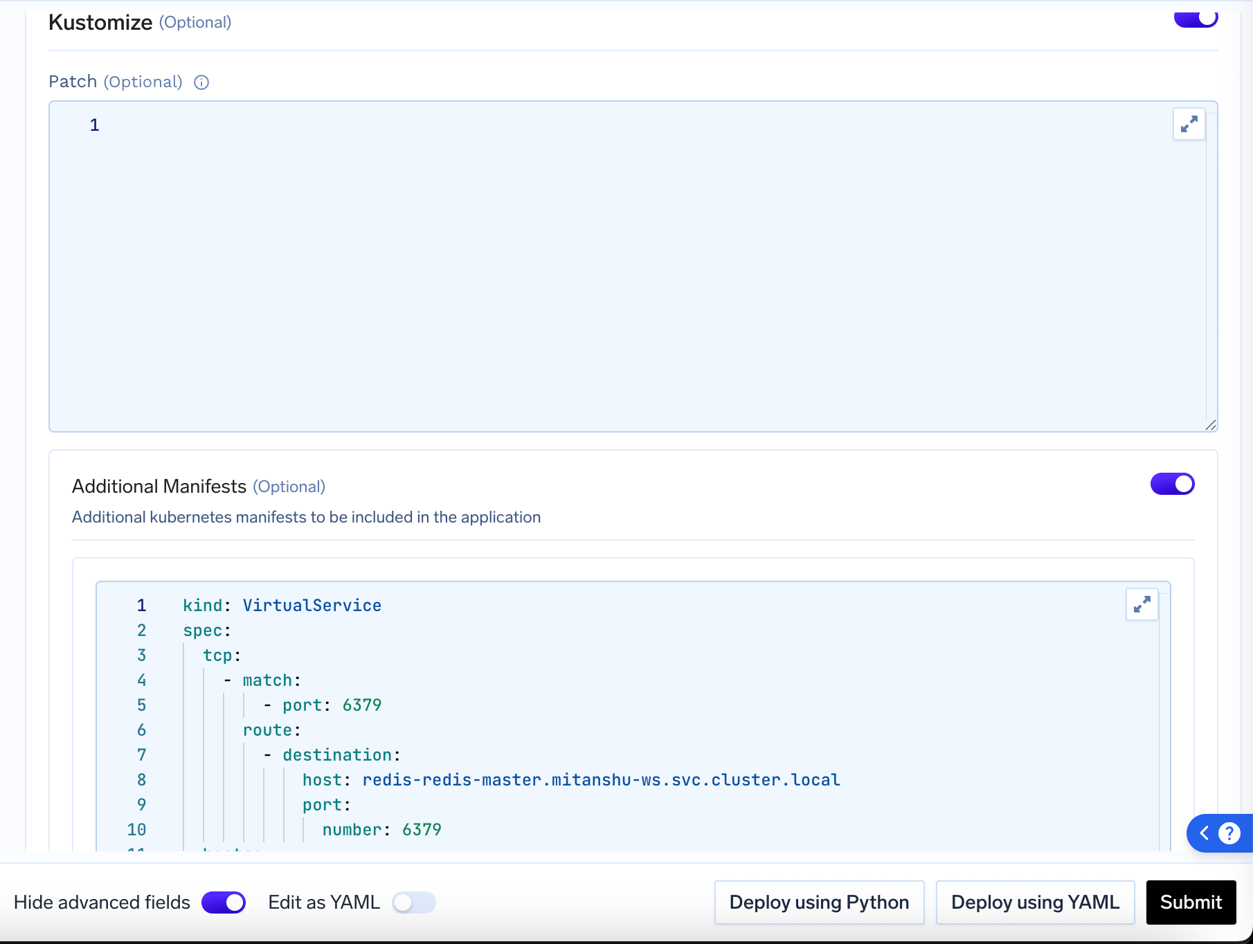 Additional manifests configuration showing options for additional manifests