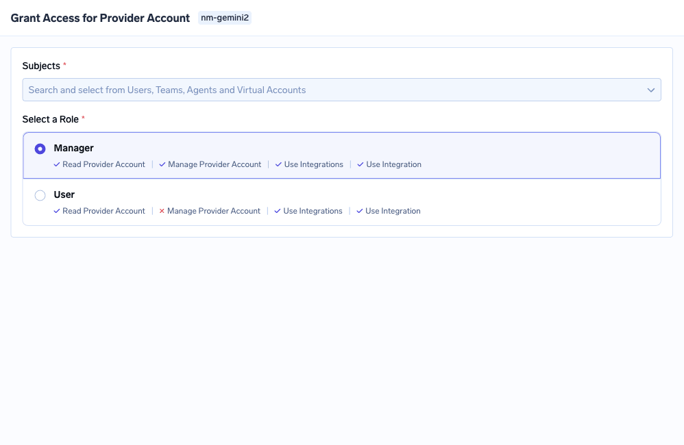 Grant Access drawer for nm-gemini2 showing the subject selector and the Manager and User roles