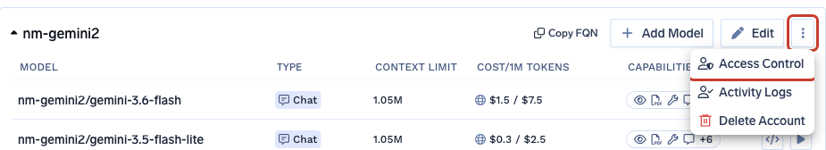Three-dot menu for the nm-gemini2 provider account with Access Control selected