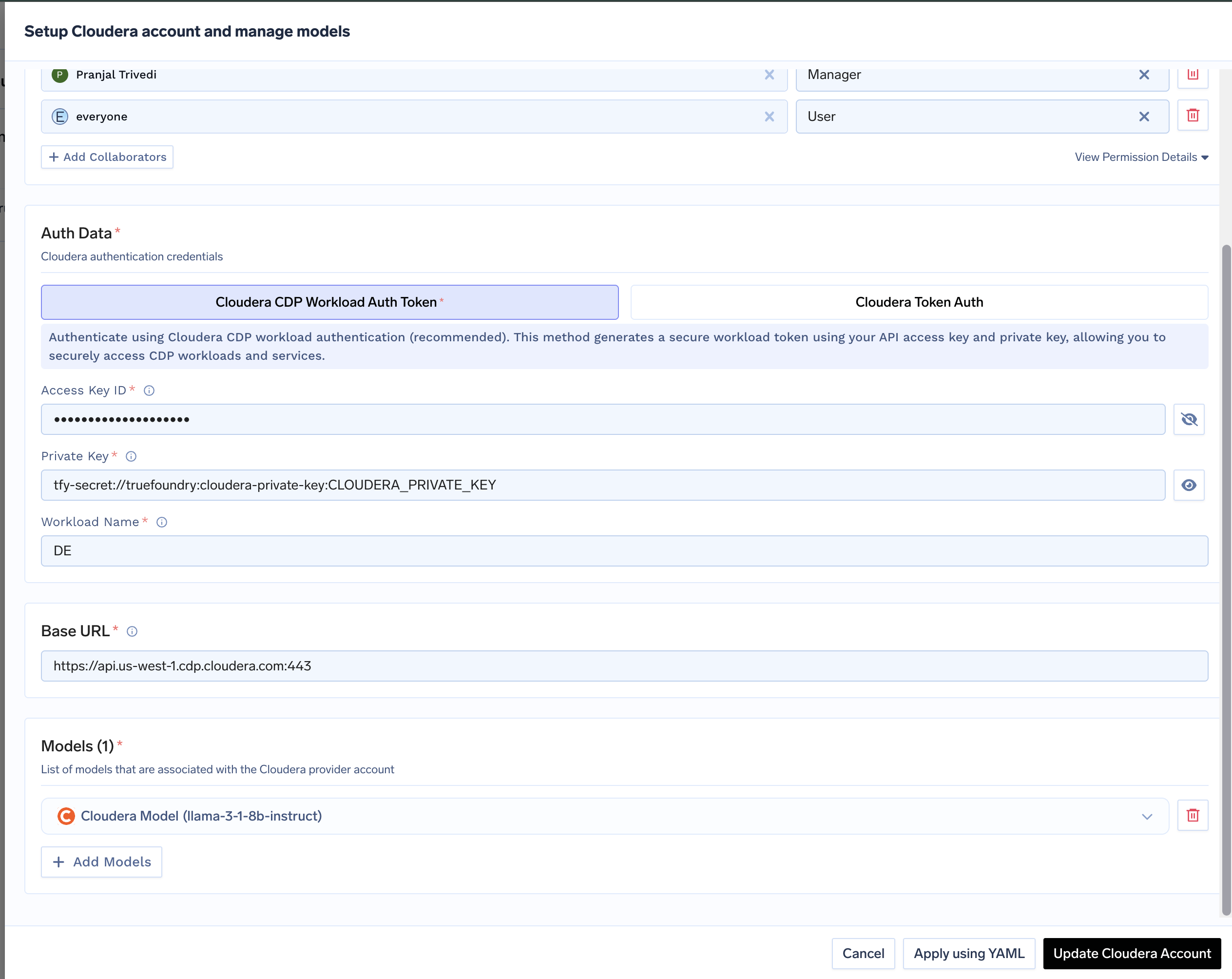 Cloudera Account Configuration Form with Access Key ID, Private Key, and Workload Name Fields