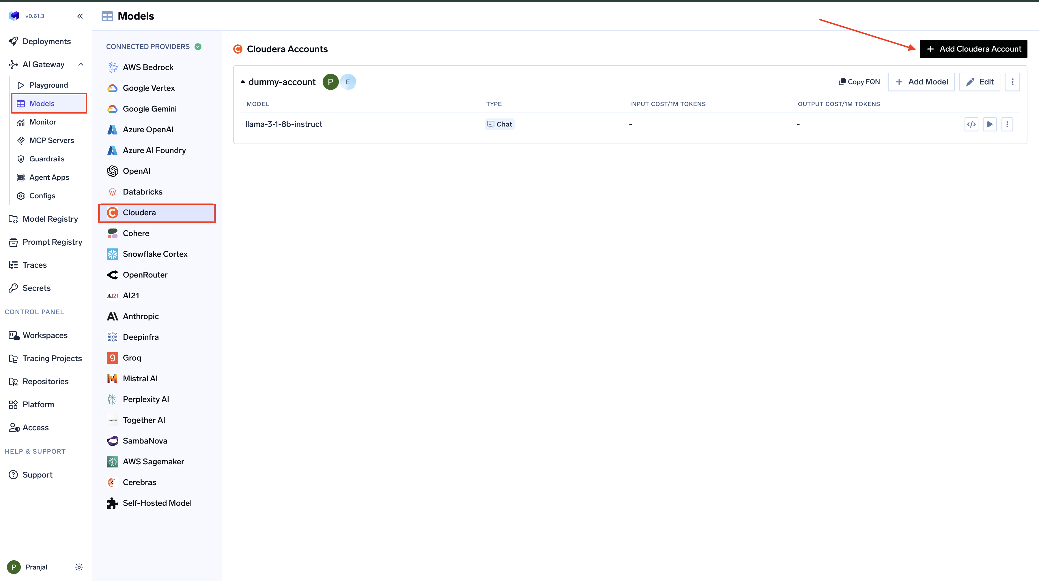 Navigating to Cloudera Provider Account in AI Gateway