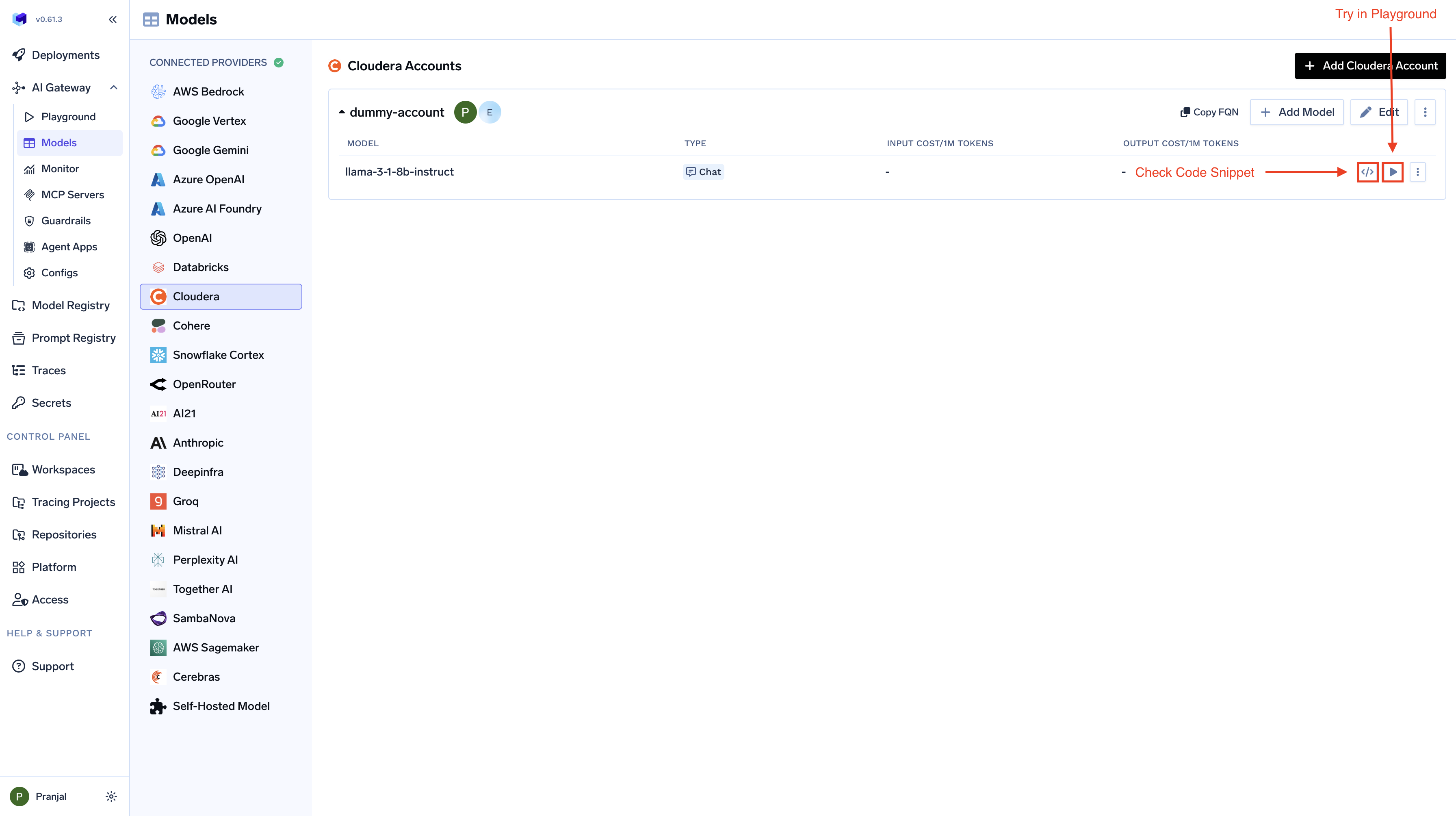 Code Snippet and Try in Playgroud Buttons for each model