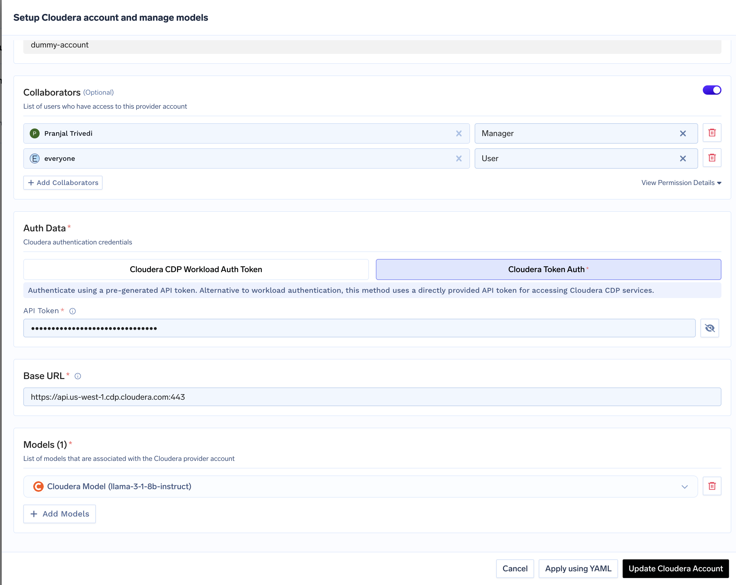 Cloudera Account Configuration Form with Auth Token Field