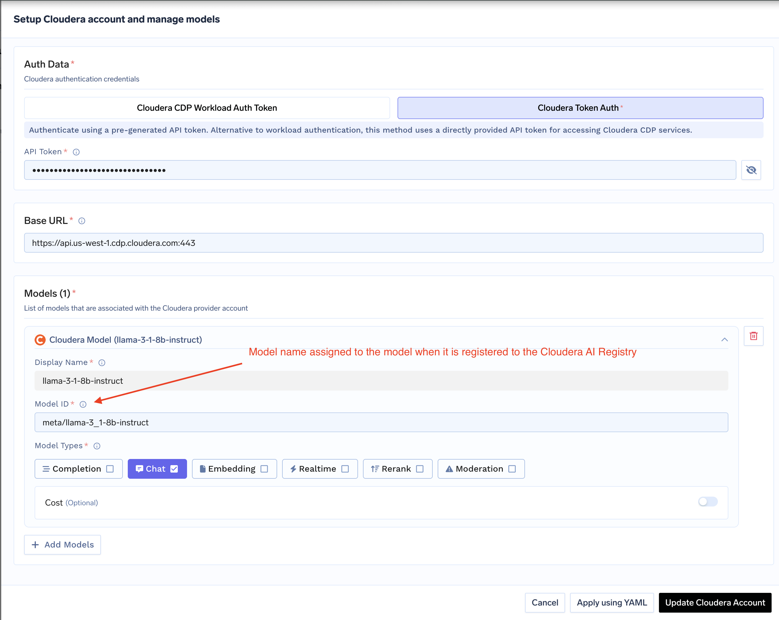 Cloudera model configuration form in TrueFoundry with display name and model ID fields
