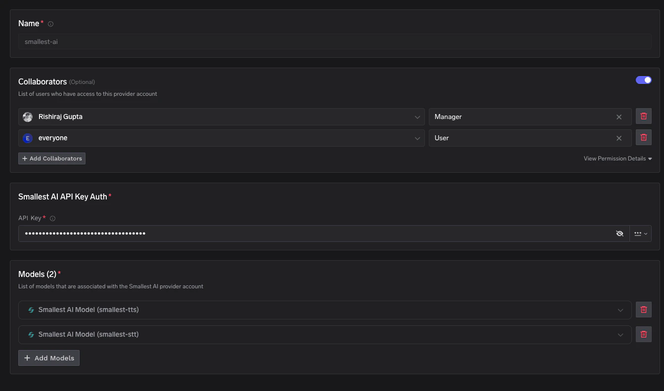 Smallest AI account configuration form with fields for name, collaborators, API key, and models