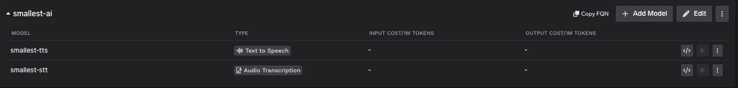 Smallest AI provider account showing smallest-tts and smallest-stt models