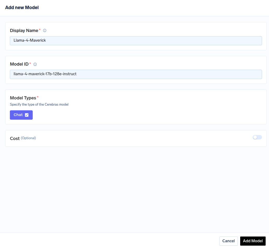 Model addition form for Cerebras with fields for Name and Model ID configuration