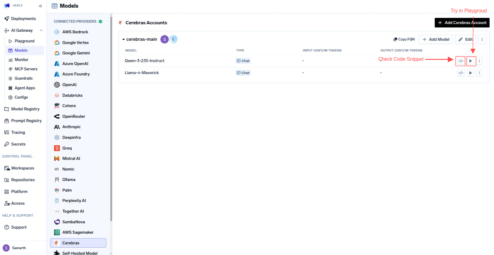 Code Snippet and Try in Playgroud Buttons for each model