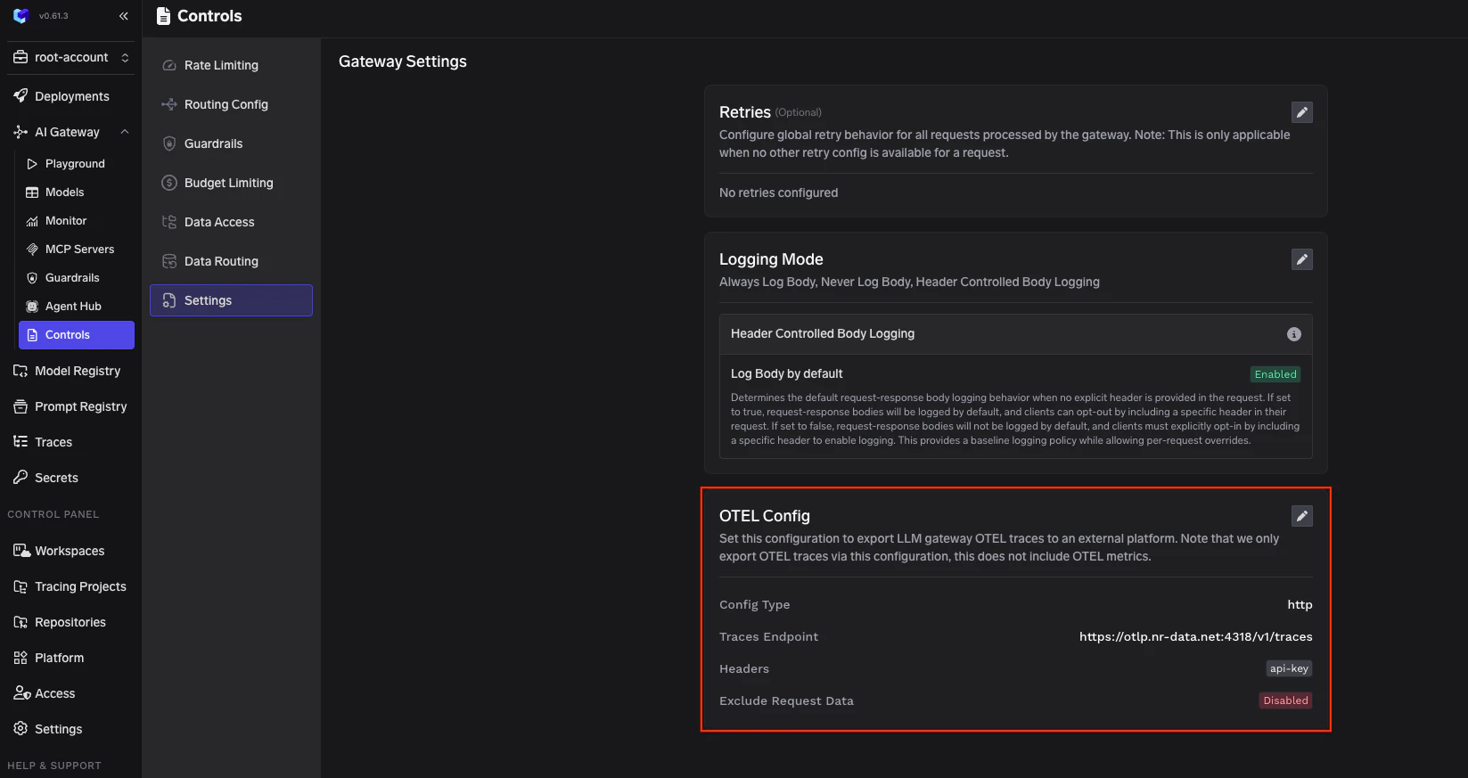 TrueFoundry AI Gateway Controls Settings page showing OTEL Config section