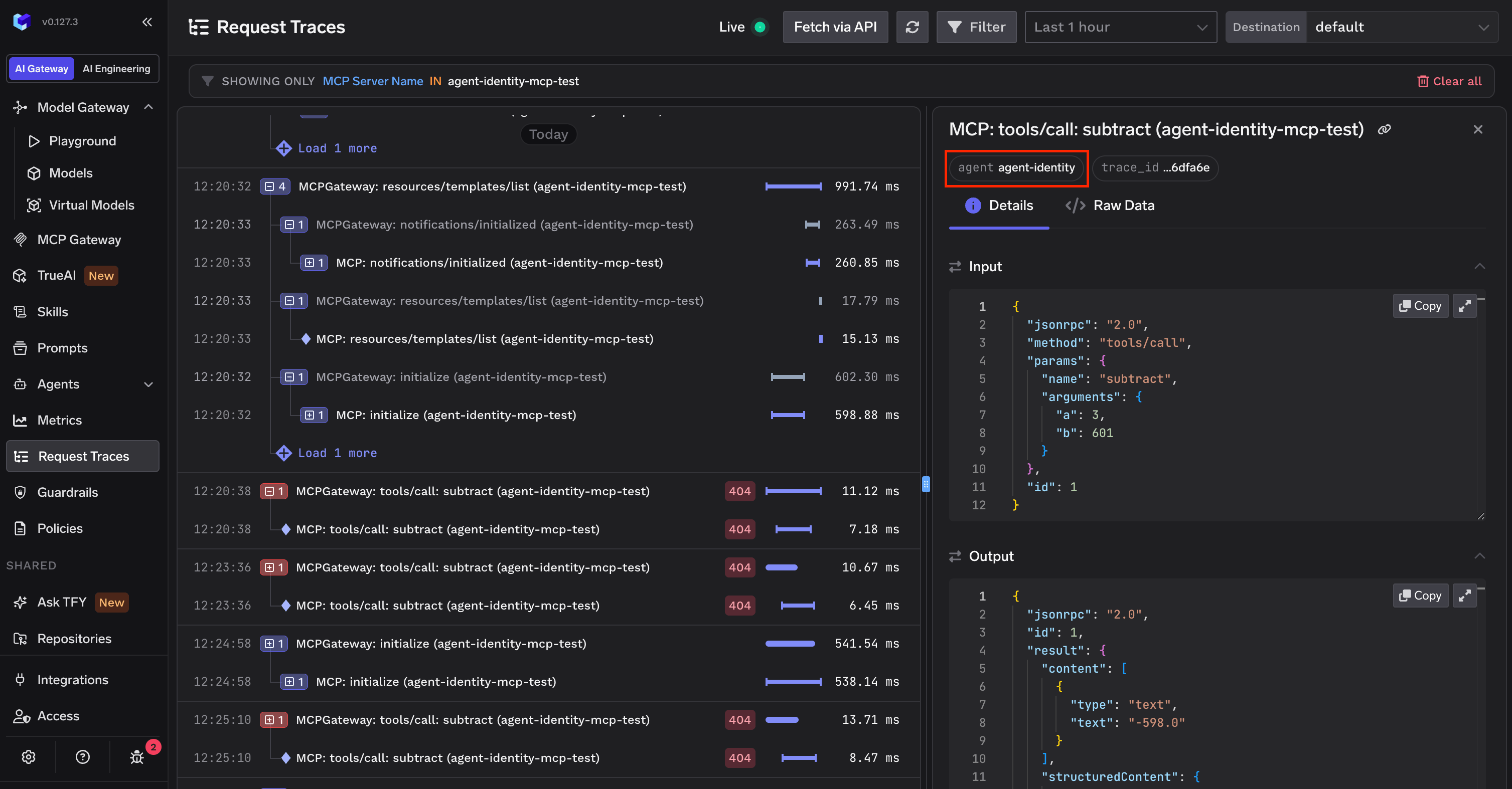 Request Traces for a remote A2A agent showing JSONRPC request and response