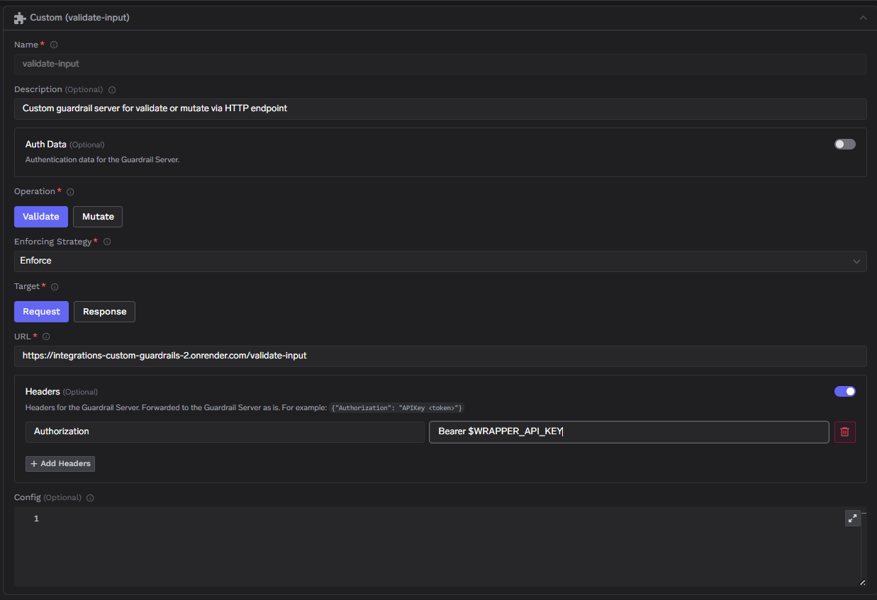 TrueFoundry custom guardrail form: Validate, Request target, /validate-input URL, Authorization Bearer header