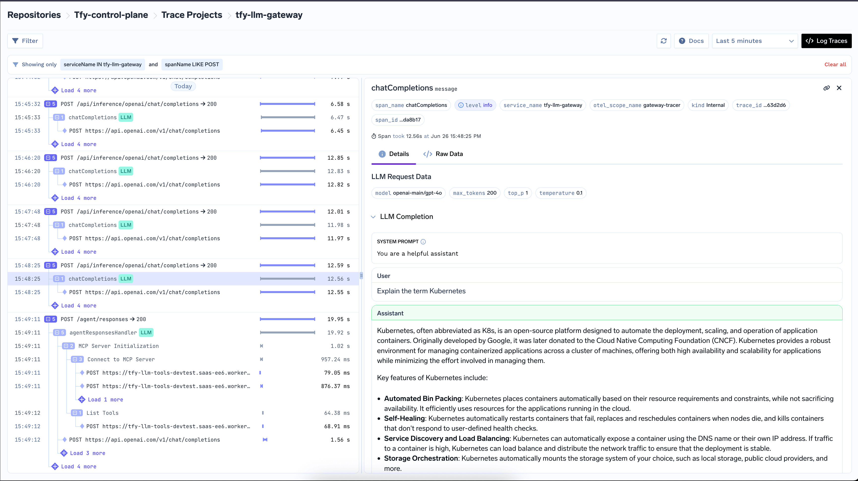 OpenTelemetry trace overview showing a detailed breakdown of an AI Gateway
request with spans