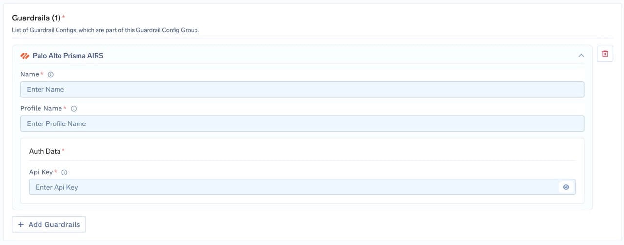 TrueFoundry interface for configuring Palo Alto Prisma AIRS with fields for name, profile name, and API key
