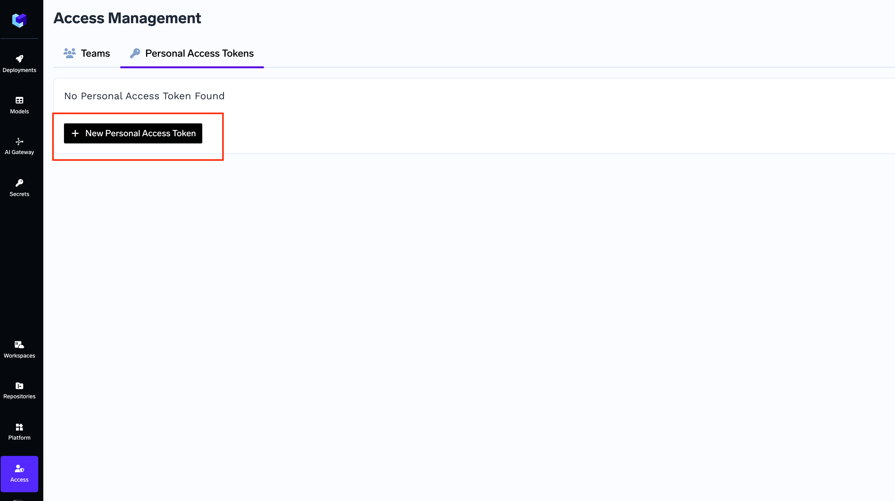 Personal Access Token creation interface in TrueFoundry dashboard