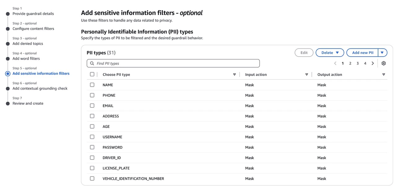 AWS Bedrock console showing the sensitive information filter configuration with masking option selected
