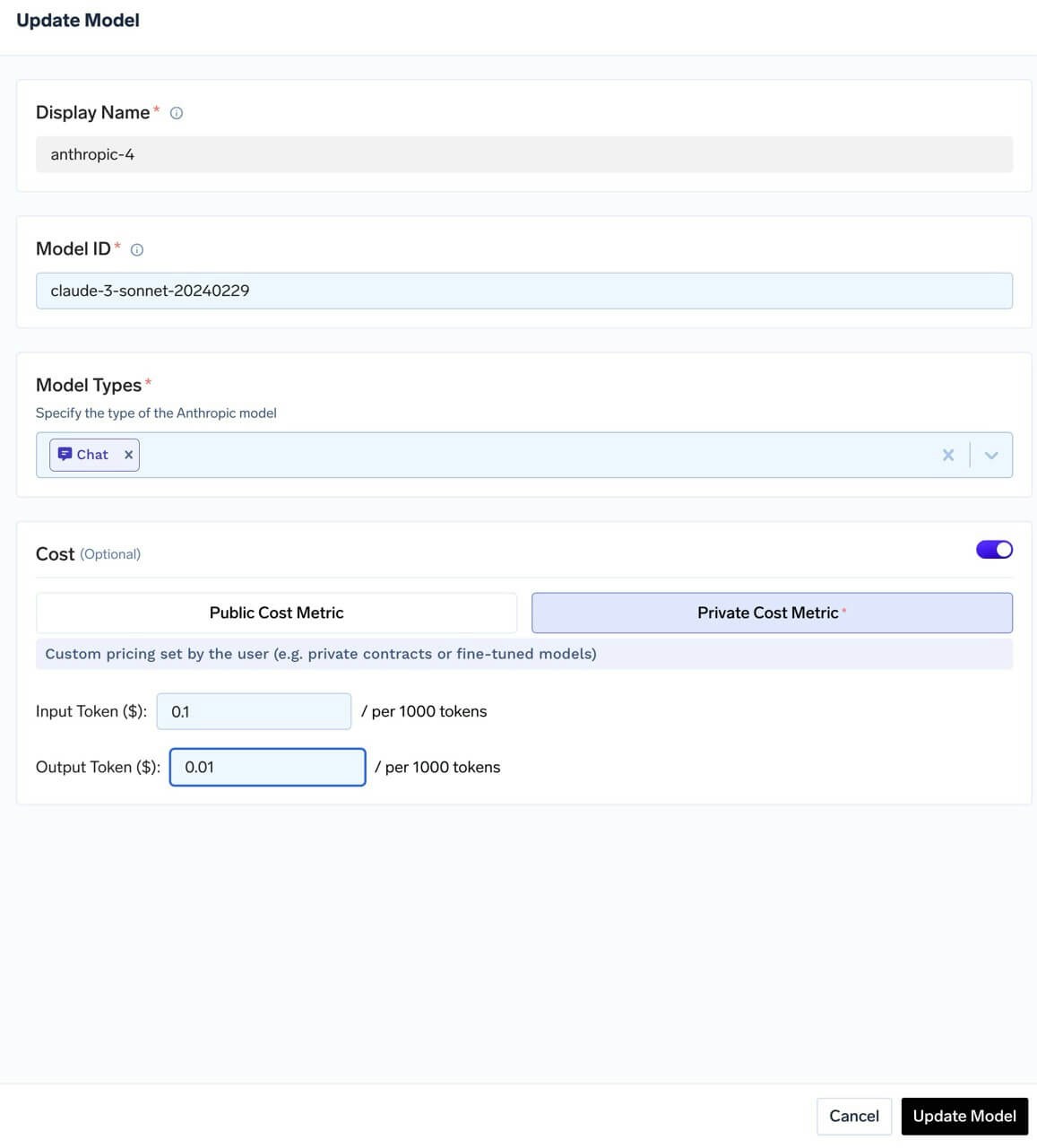 Interface showing how to configure custom pricing for a model
