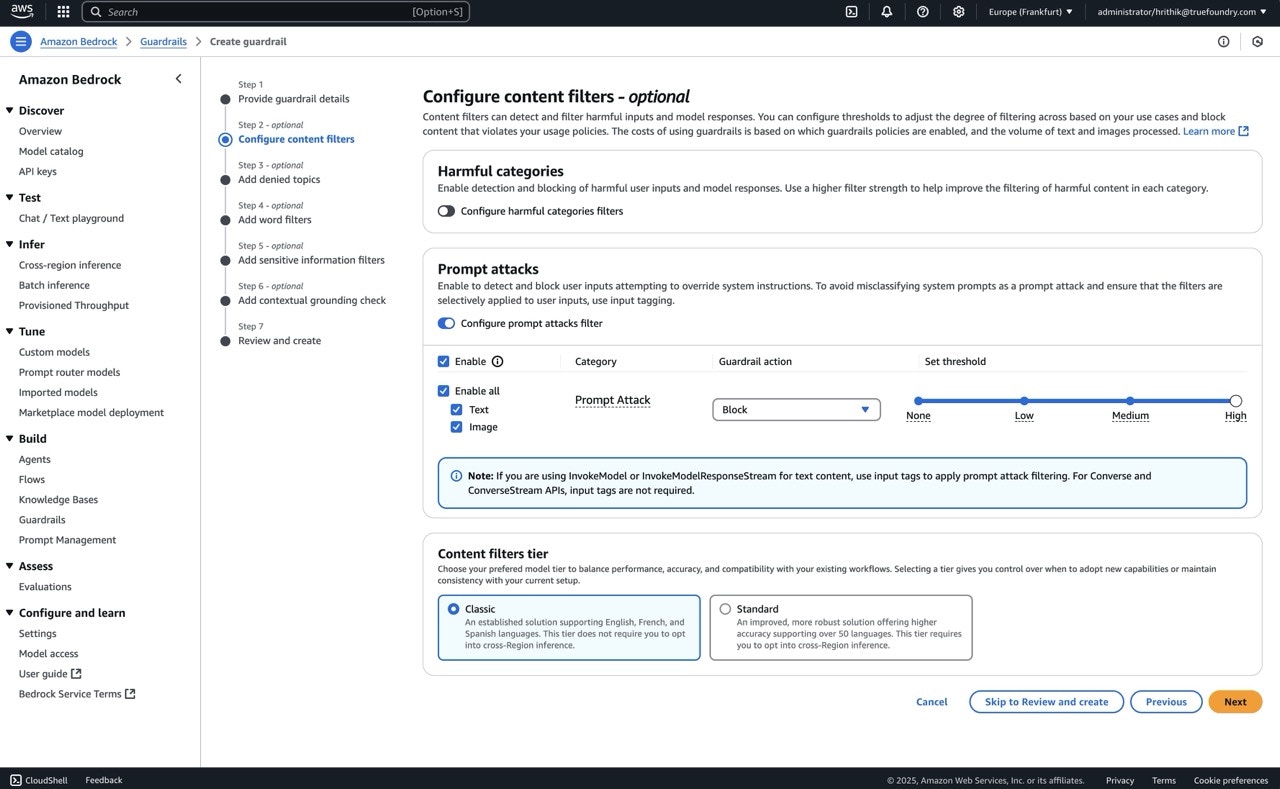 AWS Bedrock console showing prompt attack prevention configuration with block action selected