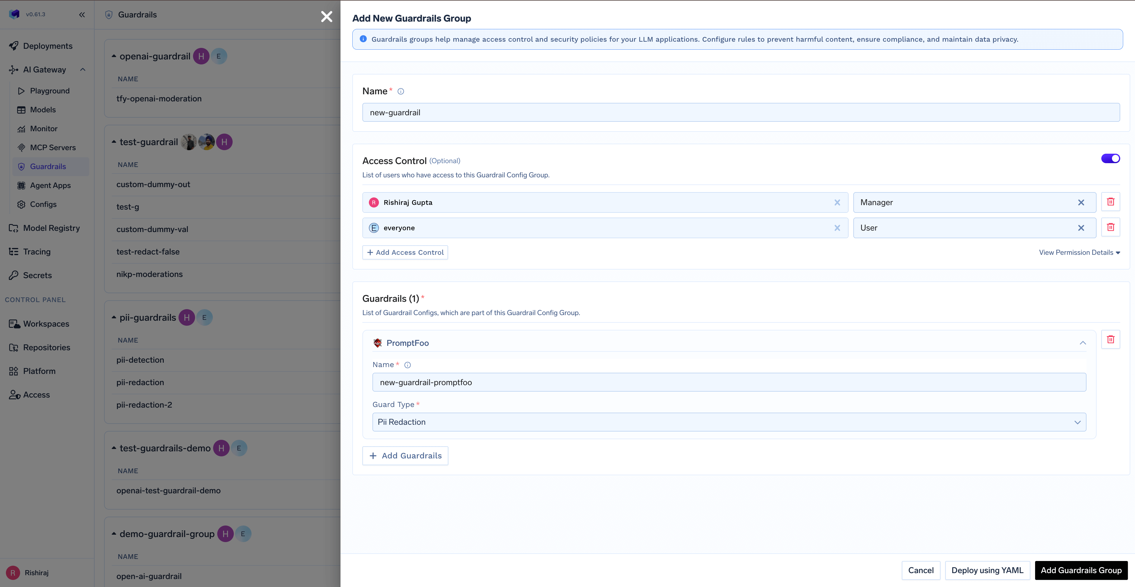 TrueFoundry interface for configuring Promptfoo with fields for name and guard type selection