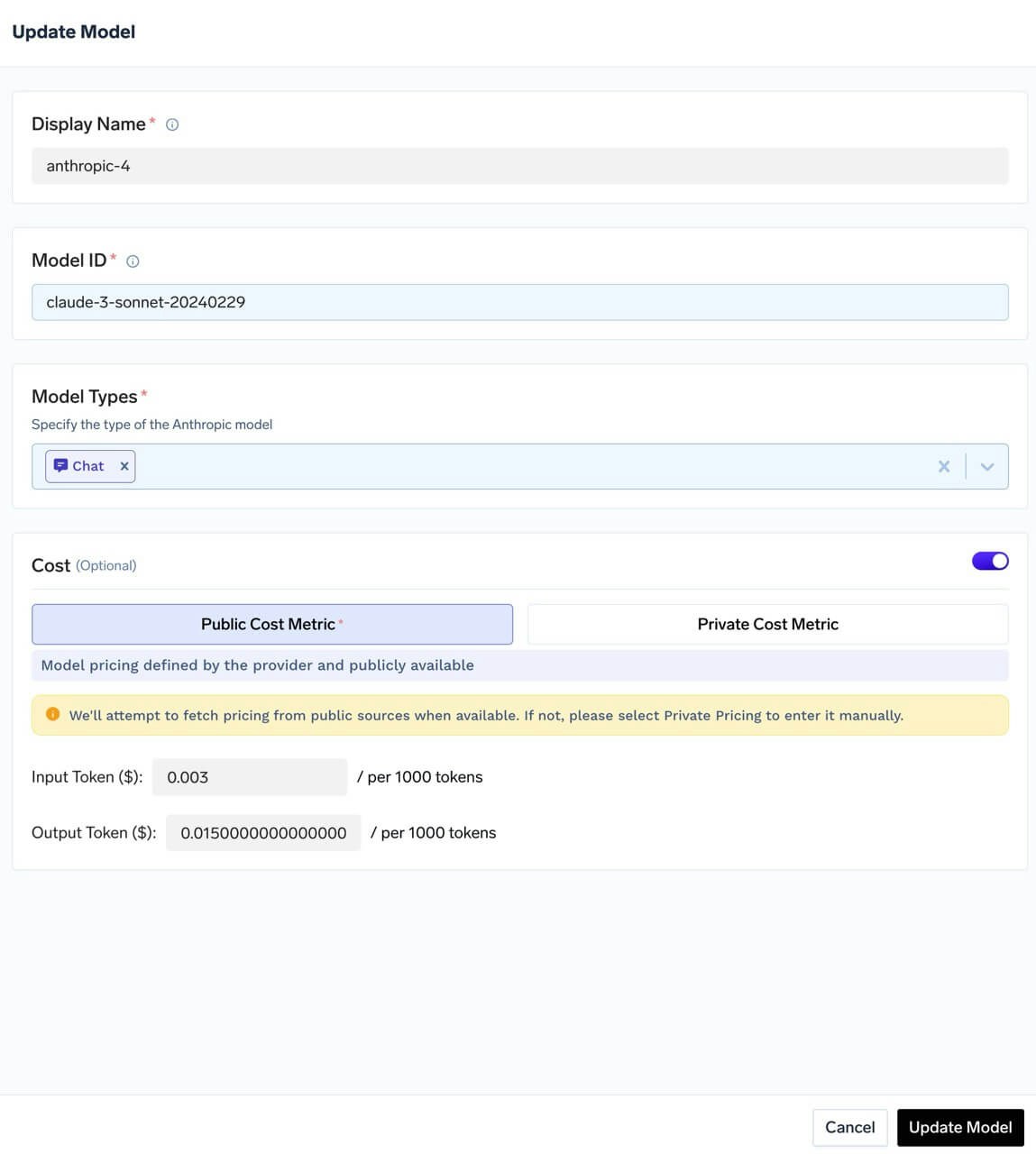 Interface showing how to enable public cost tracking for a model