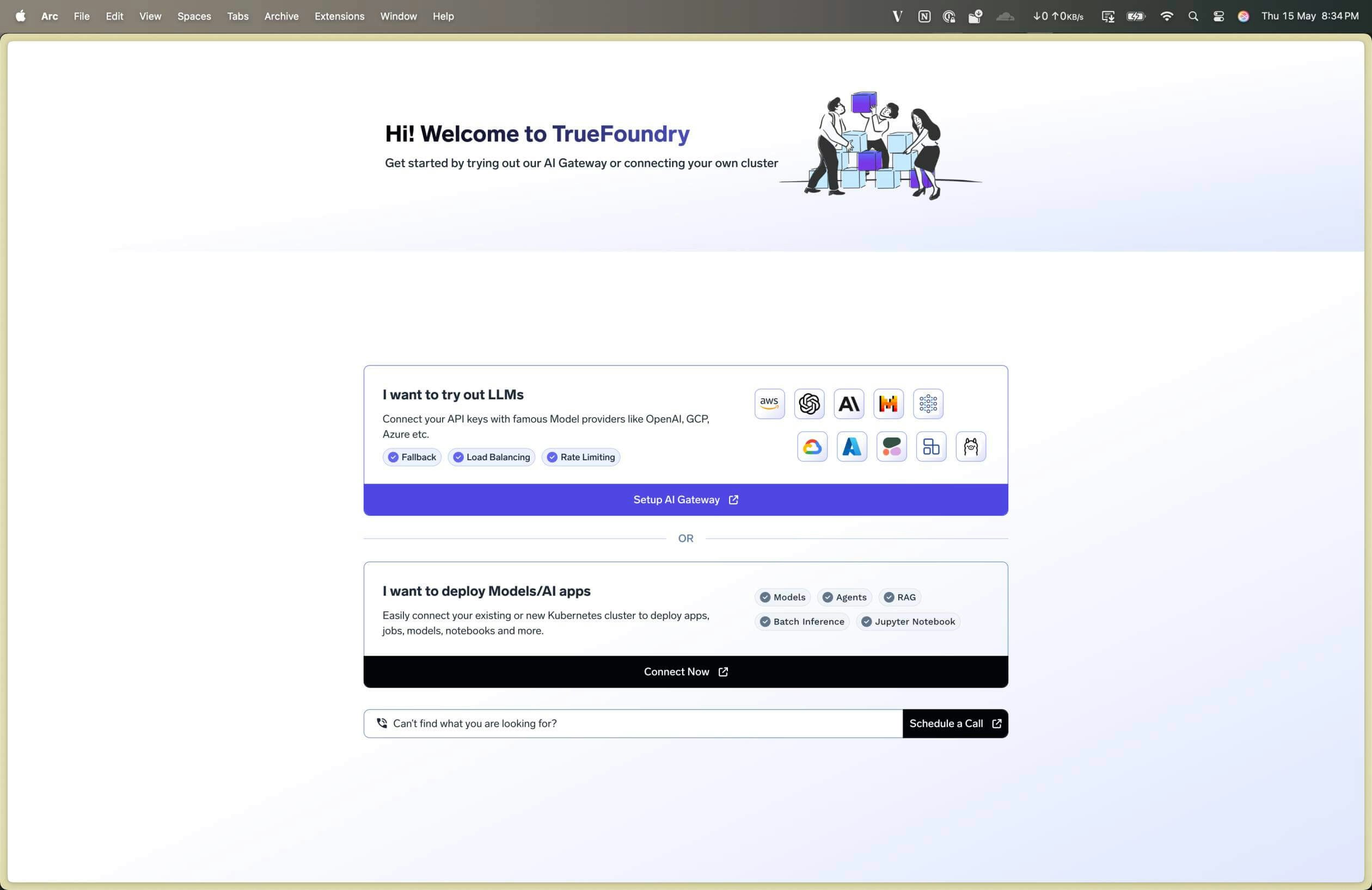 Screenshot of the TrueFoundry Landing Page after signup