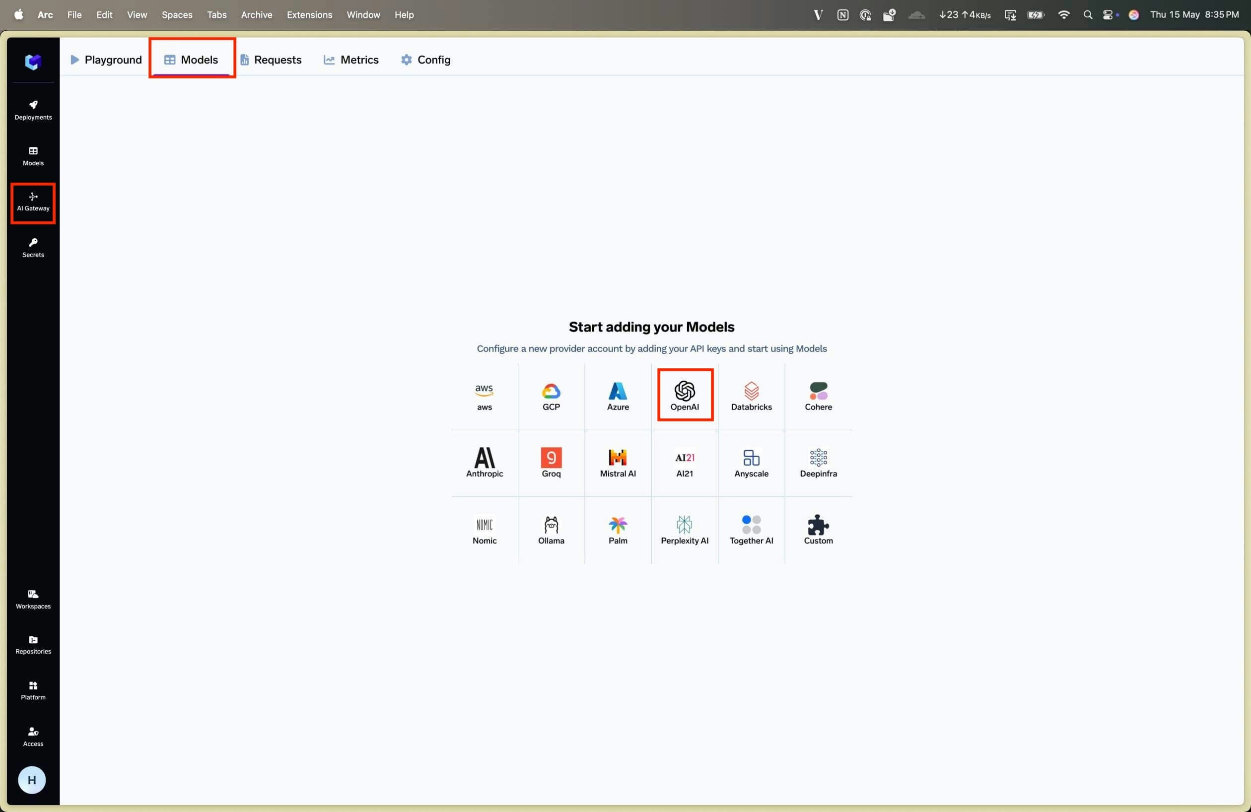 AI Gateway Models Page showing provider selection