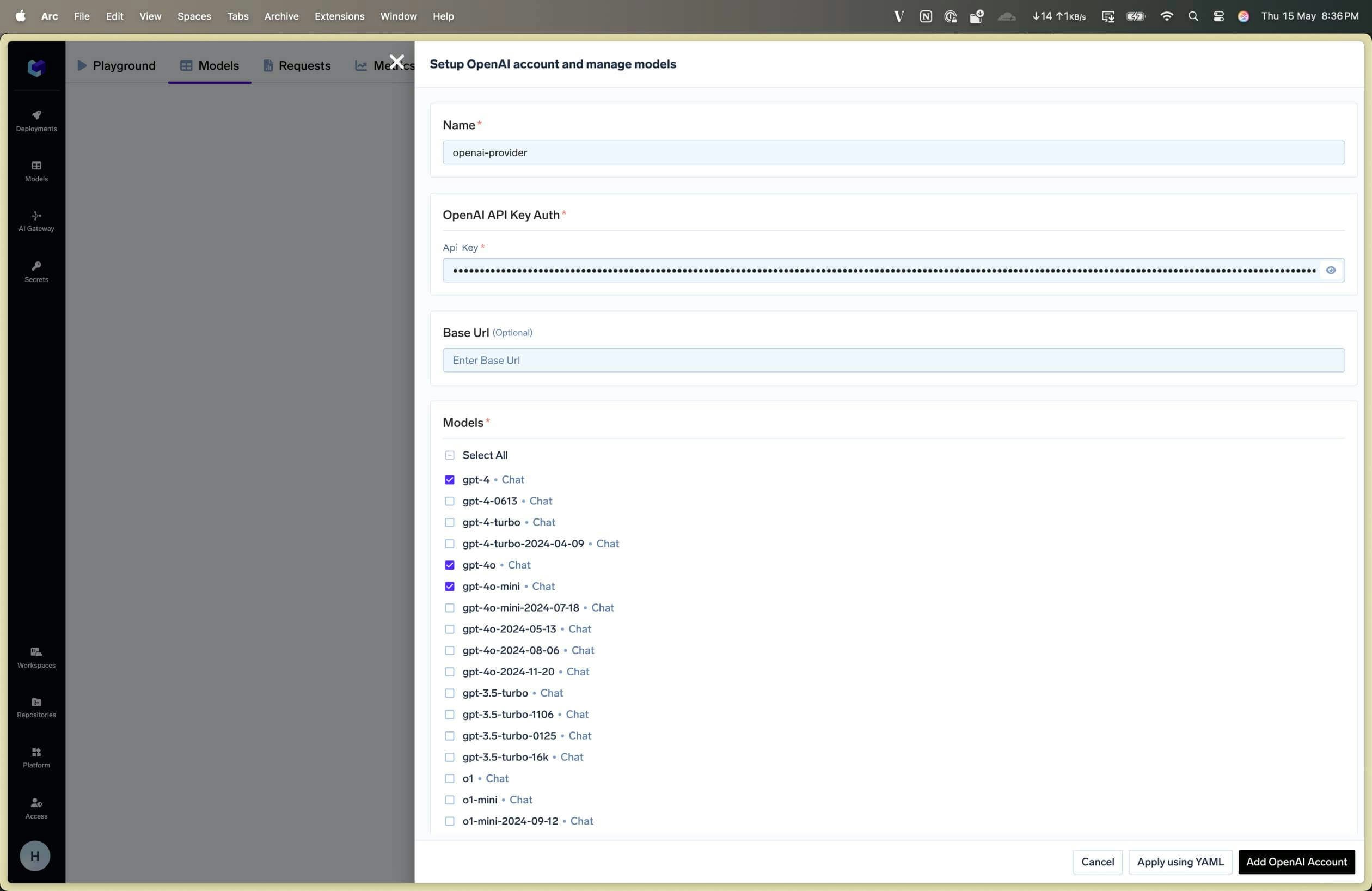 Provider Account Setup Page for adding model providers