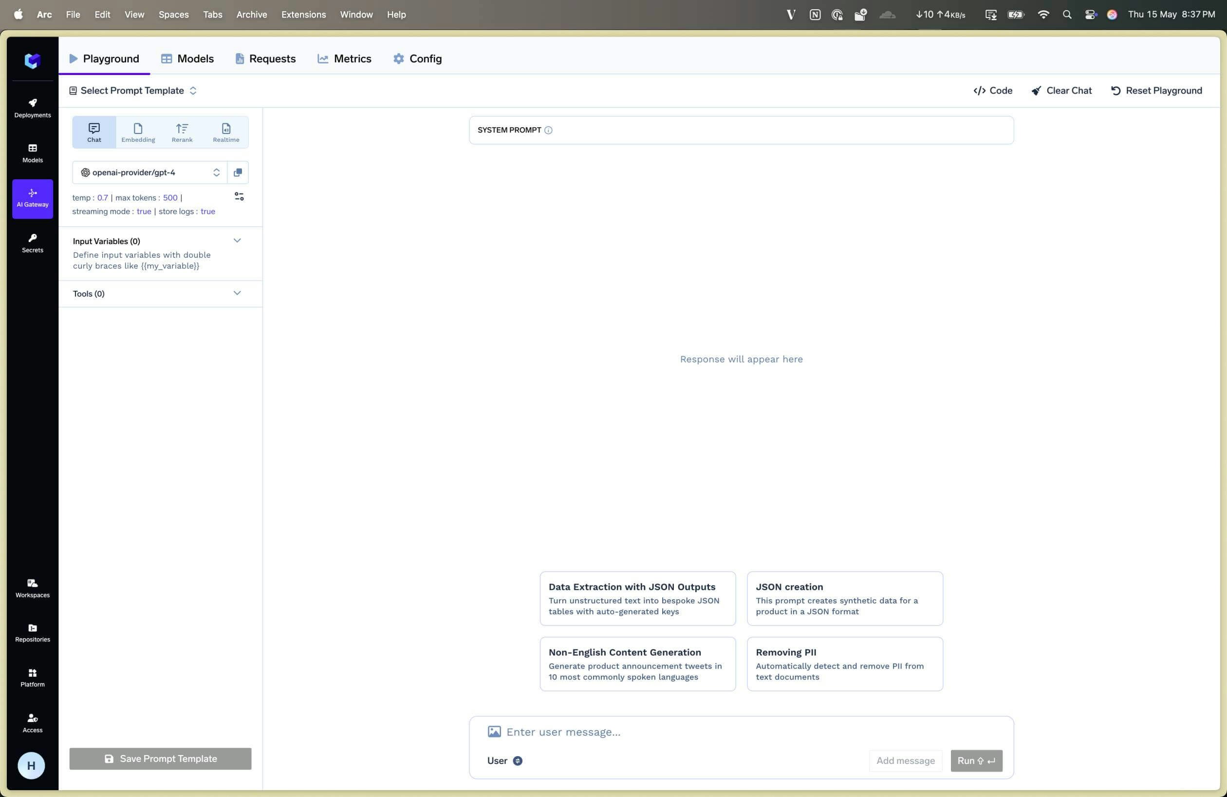 AI Gateway Playground Page for testing LLM models