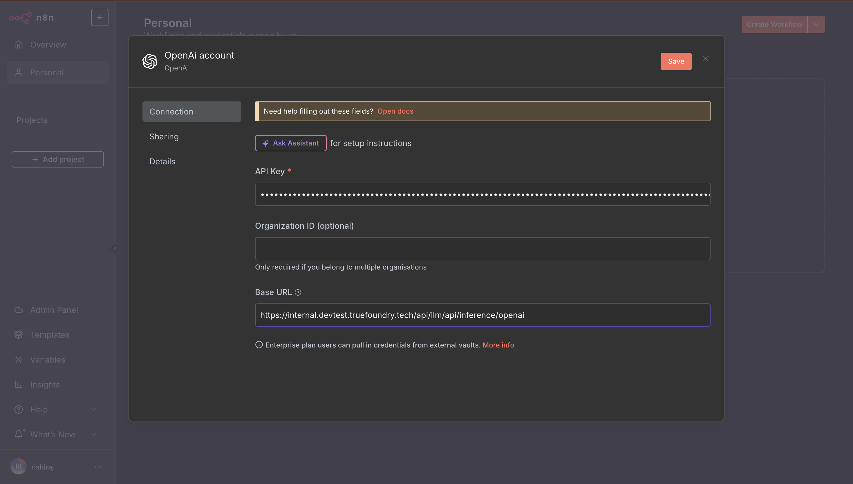 n8n OpenAI credential configuration form with TrueFoundry settings