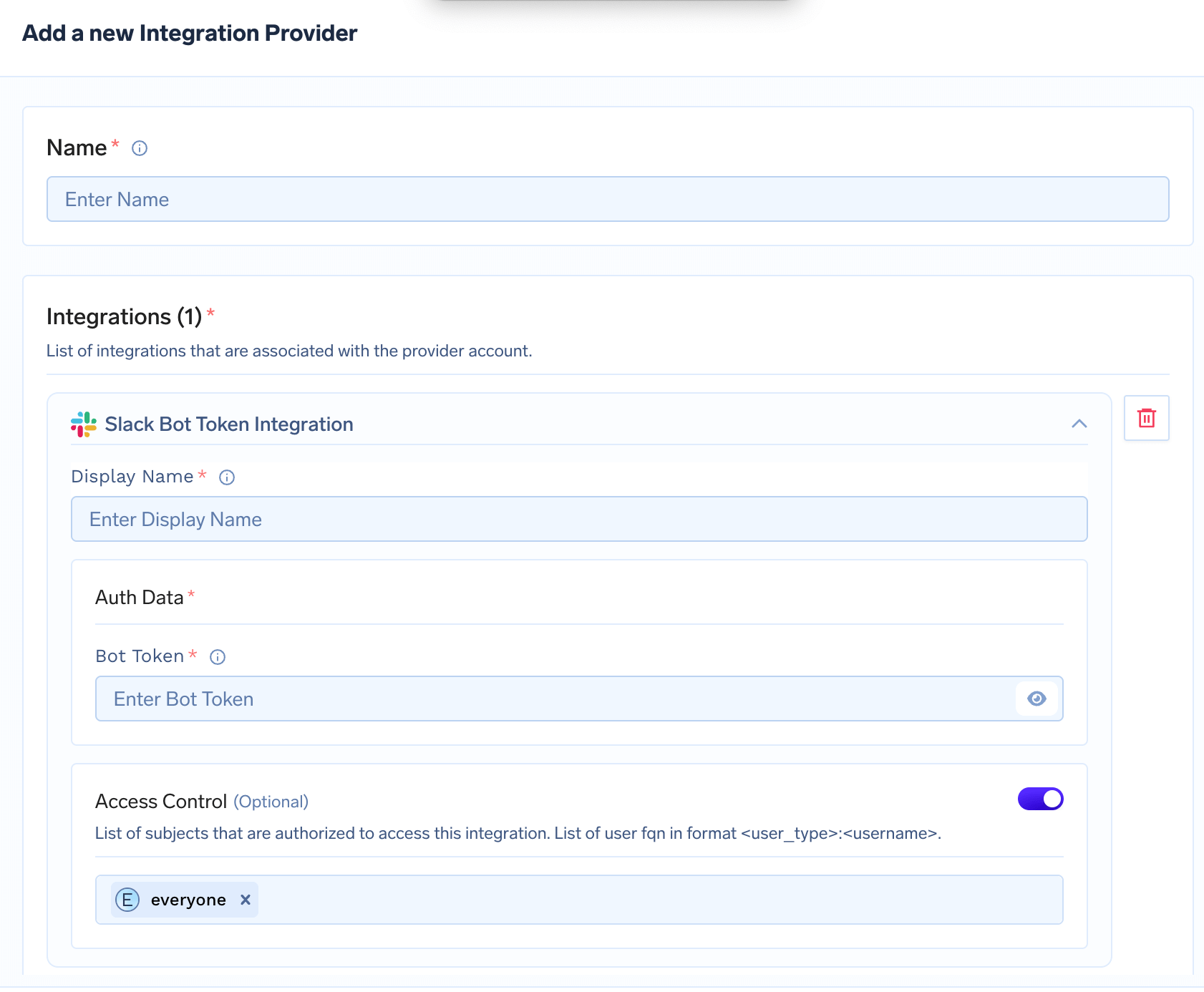 Slack Bot Integration Form