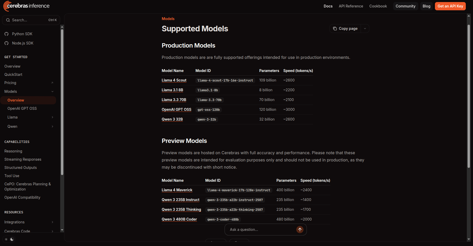 Cerebras Docs showing available models with ids