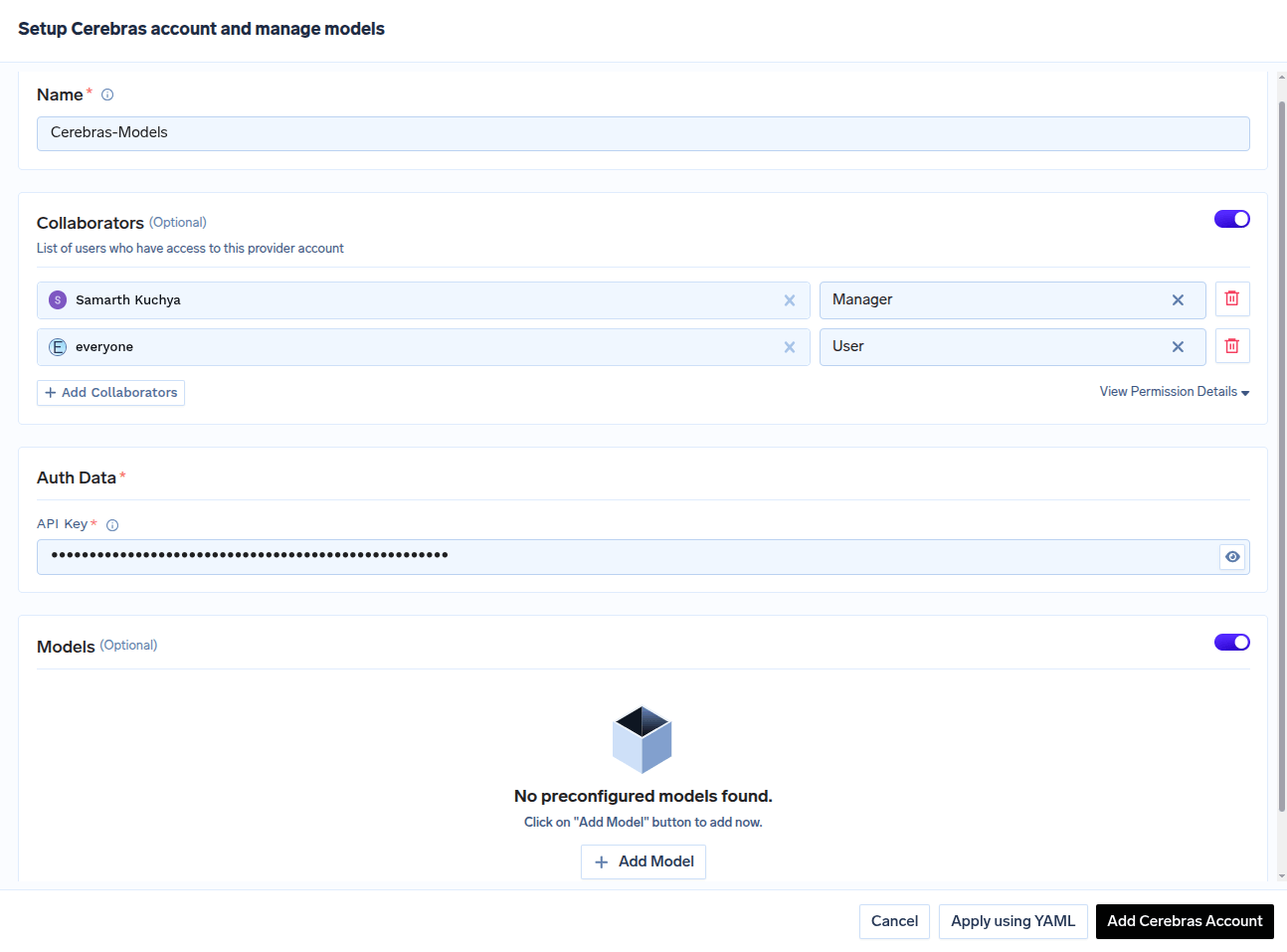Cerebras account configuration form with fields for API key and collaborators