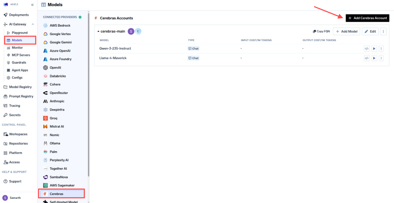 Navigating to Cerebras Provider Account in AI Gateway