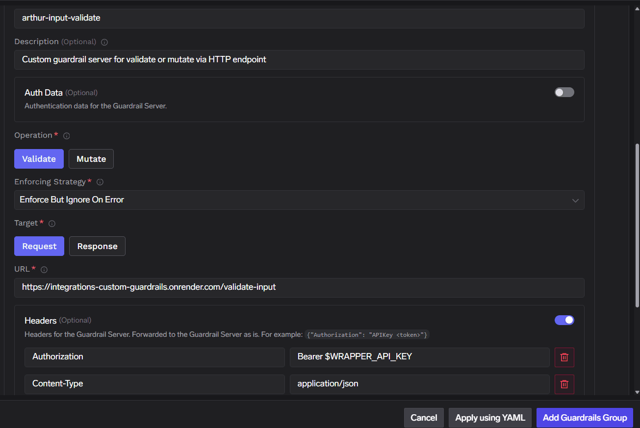 TrueFoundry custom guardrail form: Validate, Request target, /validate-input URL, Authorization Bearer header