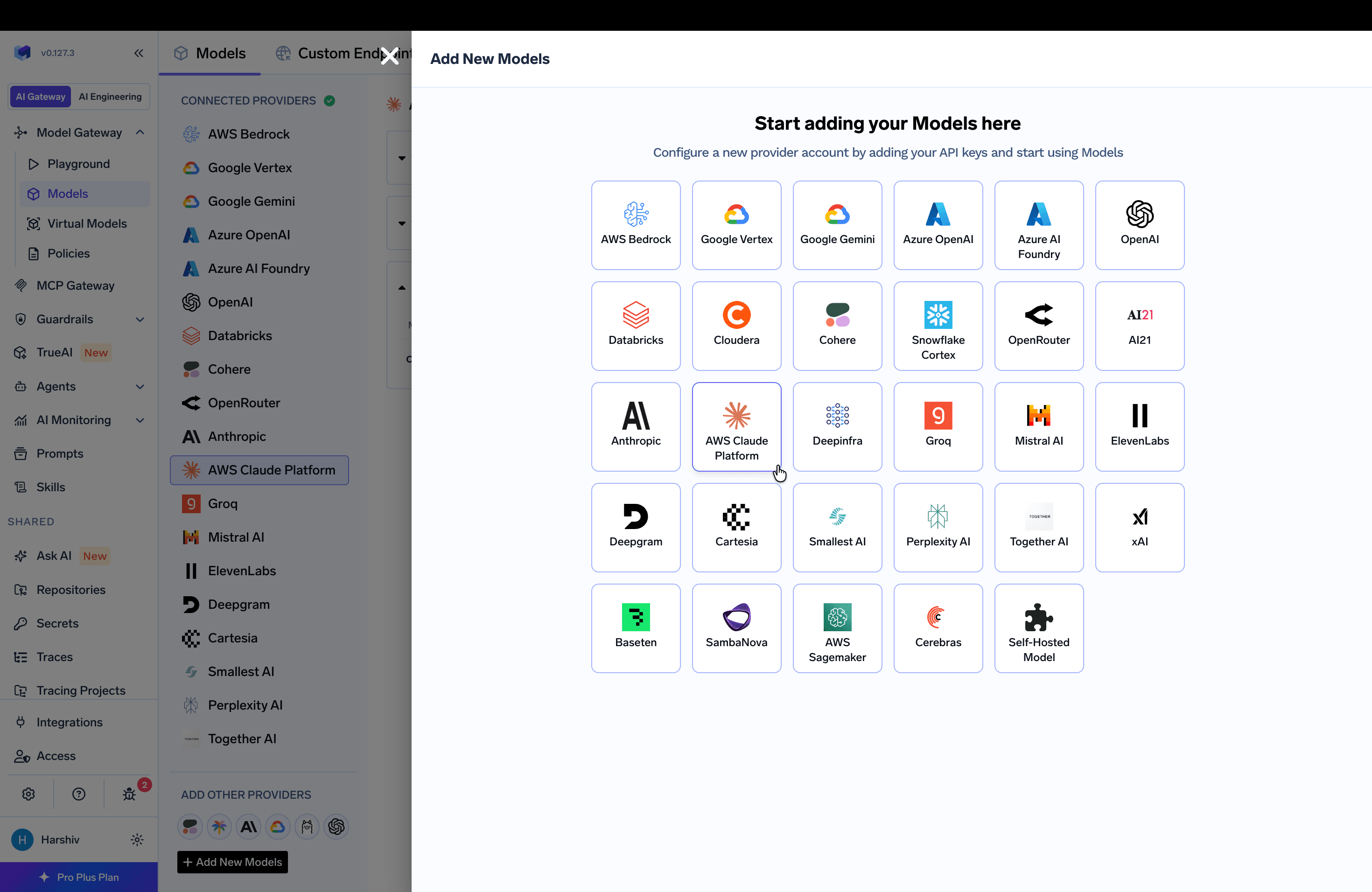 Navigating to AWS Claude Platform Provider Account in AI Gateway