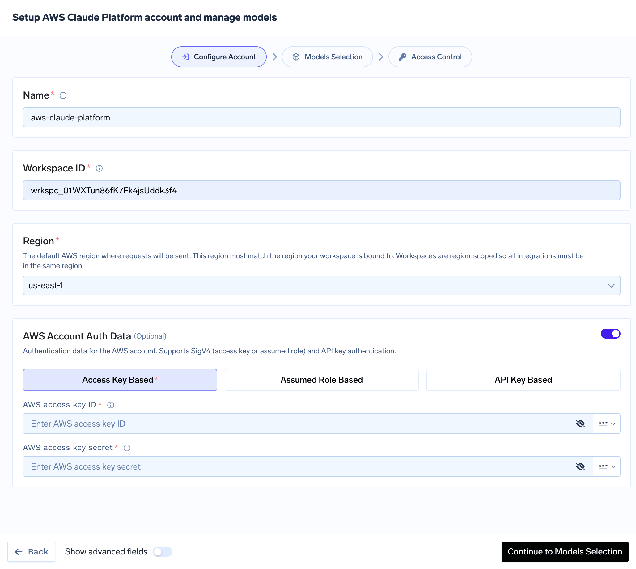 AWS Claude Platform authentication form with workspace ID, region, and auth type selector